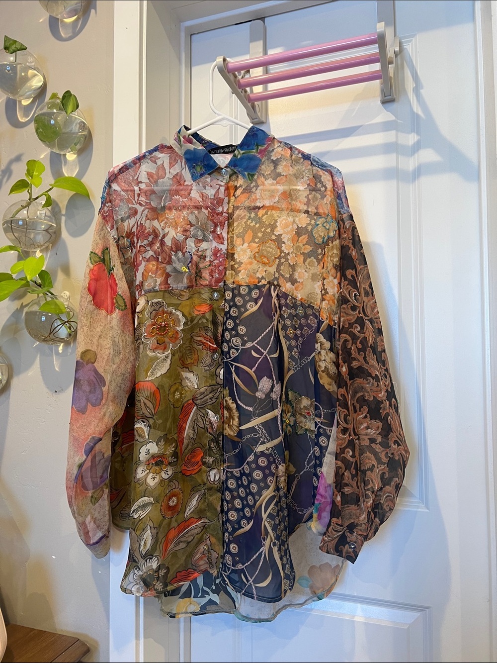 Take Away Vintage Floral Patchwork Rayon Button-Up Blouse in Multicolor